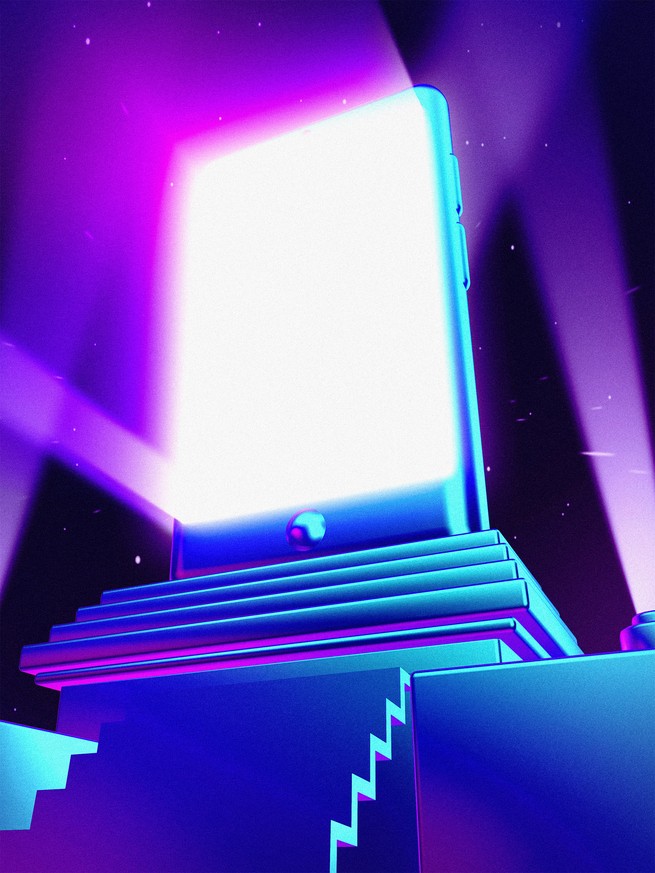Illustration: view of enormous glowing smartphone screen on a temple-like pedestal with stairs leading up to it and spotlights in background