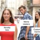 The "distracted boyfriend" meme, with "meme retailers" checking out "novelty tees" while "custom meme merchandise" tries to get "meme retailers'" attention
