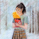 color illustration of dark-haired girl in t-shirt and plaid skirt clutching flaming red book to her chest in snowy woods