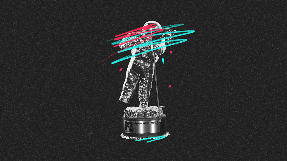 an MTV Moonman statue scratched out with TikTok's pink and turquoise colors against a black background