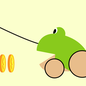 A cartoon drawing of a toy frog on wheels about to eat gold coins