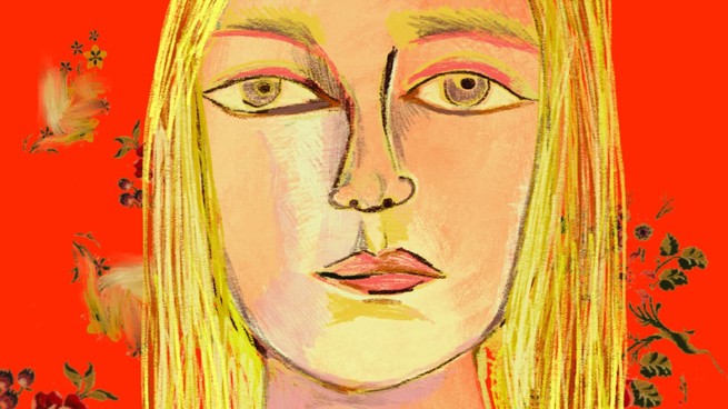 a drawing of a girl's face against a red background