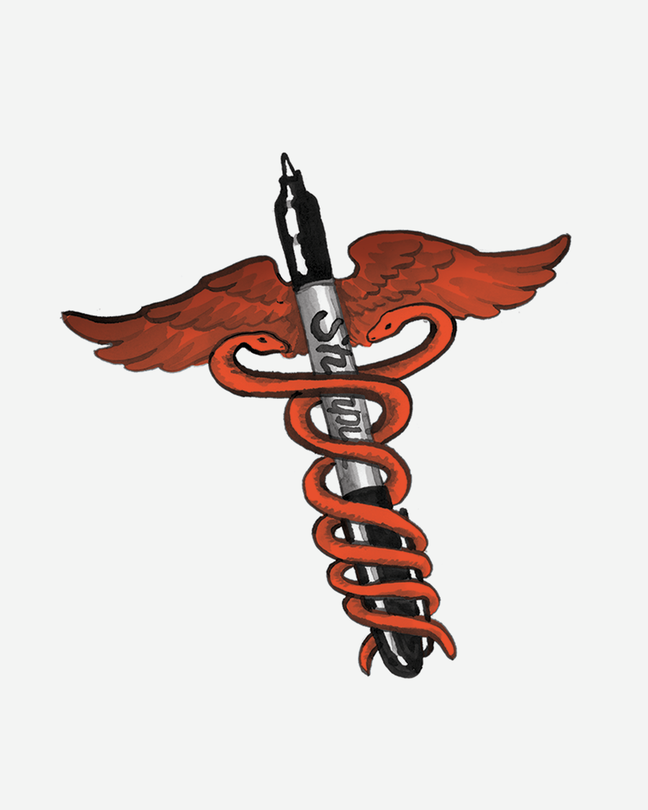 Ilustración de un marcador Sharpie negro como la vara de un caduceo, con alas y serpientes rojas entrelazadas alrededor.