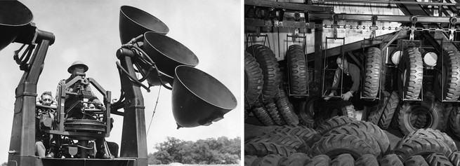 Large sound-radar dishes outside during World War II; a tire plant during World War II