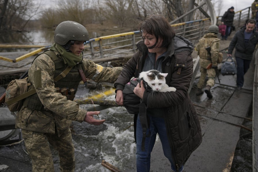 A woman carries a cat while crossing a river on a path through a destroyed bridge.