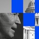 An illustration featuring a photo of President Joe Biden, the Capitol building, and blue squares