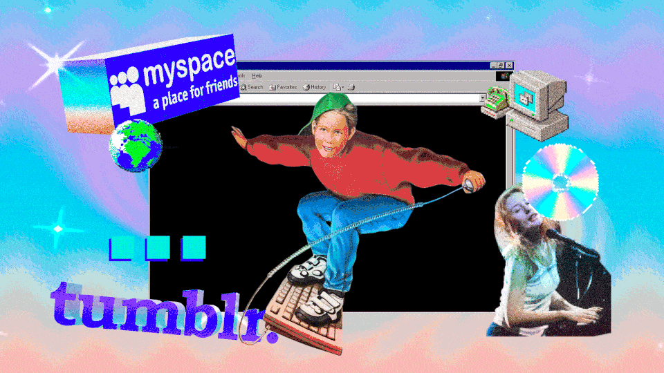 A boy surfs on a computer keyboard, surrounded by sparkling logos and details from earlier internet eras.