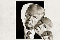 An illustration of Donald Trump's face toppling out of its silhouette