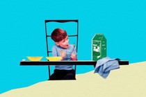 An illustration of a boy with a cereal bowl sitting next to a carton of almond milk