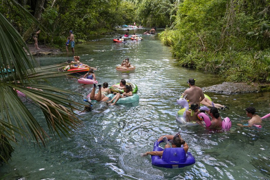 People use flotation devices to float down a stream.