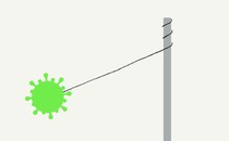 Illustration of a coronavirus particle on the end of a tetherball cord