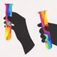 Illustration of two silhouetted hands holding test tubes that are filled with swirling colors
