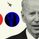 A black-and-white photo of Joe Biden next to two circles. One is red and contains the outline of an oil well; the other is blue and features the outline of a person at a gas pump.