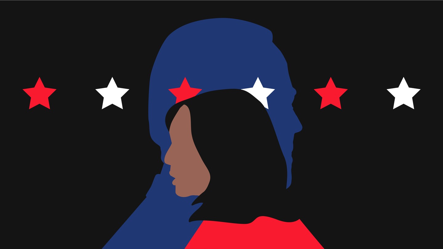 an illustration of Kamala Harris framed by the outline of Joe Biden