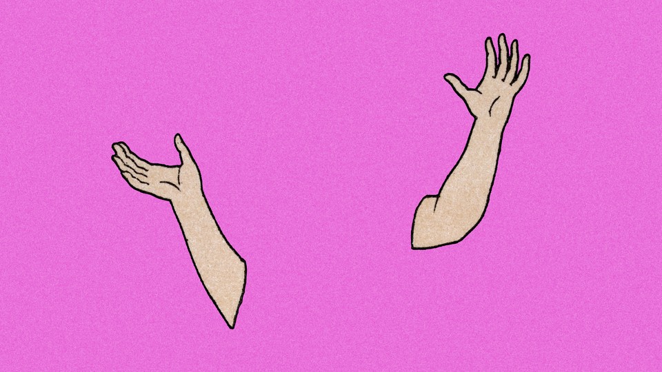 Two disembodied arms in a "gesturing around" pose, against a pink backdrop