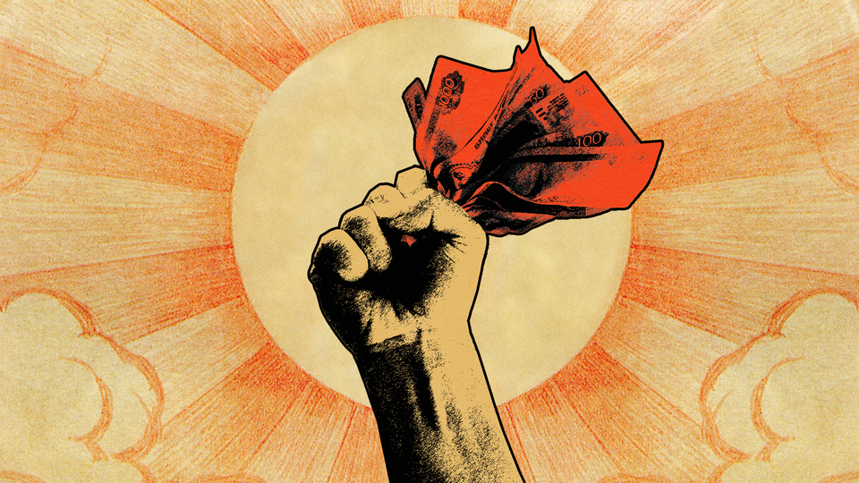 An illustration showing a Soviet-style poster of a hand grabbing cash