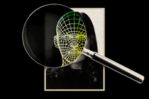 An illustration featuring a magnifying glass hovering over a photo of a woman