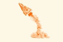 An illustration of a pizza taking off like a rocket