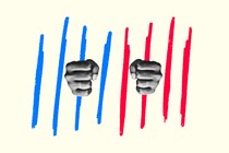 A pair of hands gripping red and blue bars