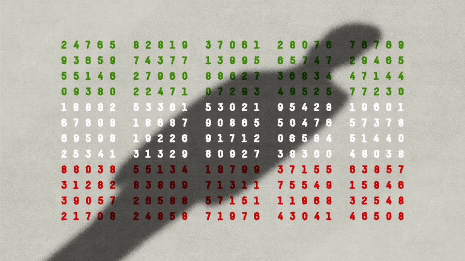 A man's shadow falls over boxes of numbers that are color-coded to look like the Iranian flag, in green, white, and red