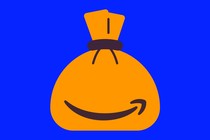 A brown sack with the amazon logo on it against a blue background