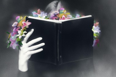 A painting of a woman reading a book with flowers coming out of it