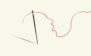 An illustration of a needle and thread making out a face in pain