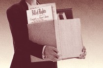 Illustration of a man in a suit holding a cardboard box with binders, folders, and the Bill of Rights