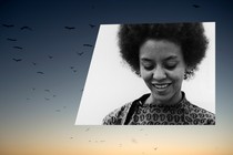 Photo collage of Nikki Giovanni smiling, her eyes cast downward, and a sky full of birds.