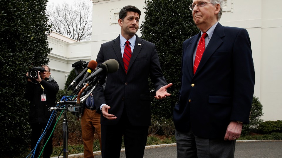 House Speaker Paul Ryan and Senate Majority Leader Mitch McConnell address the press outside of the White House.