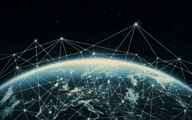 Animated GIF of the Earth with a twinkling network of nodes above it