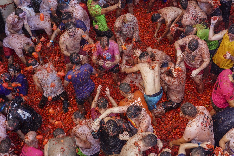 A crowd of people wades into a tomato pile.