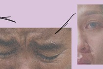 Two close-ups of crying eyes, superimposed on a purple background