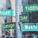 New York City street signs that mention different languages: Nahuatl, Yiddish, Seke, Lenape, Wakhi