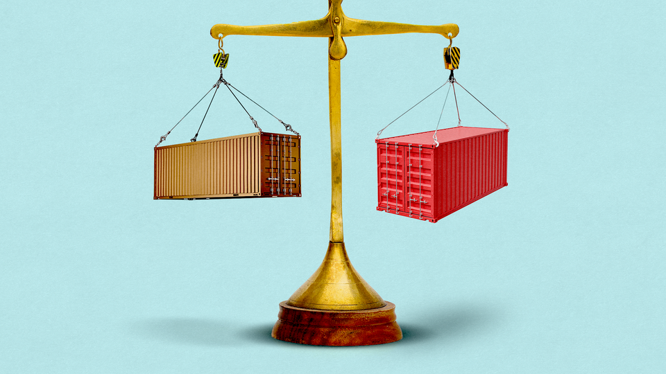 An illustration of the Scales of Justice balancing two shipping crates.