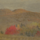 A painting of a mountain landscape with a dash of red foliage in the center