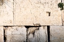 A man bows his head at the Western Wall.