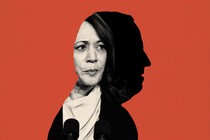A photomontage featuring Kamala Harris