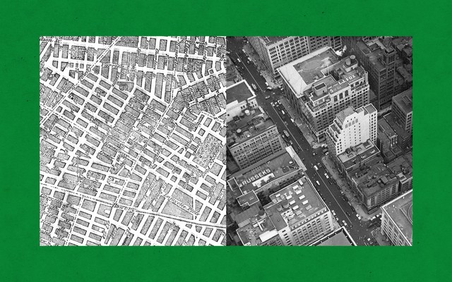 An illustration featuring a street-grid design and an aerial view of a city street