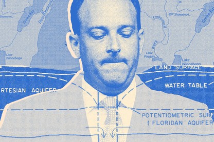 A blue-gradient photo-illustration of Lee Zeldin and some technical documents.