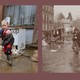 Two photos, one current and one historical, of floods