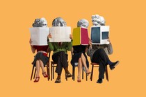 Four people with antique statue heads sit on chairs and read newspapers and magazines.