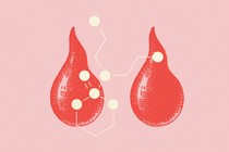 two drops of red blood are connected by a chemical symbol, against a light pink backdrop