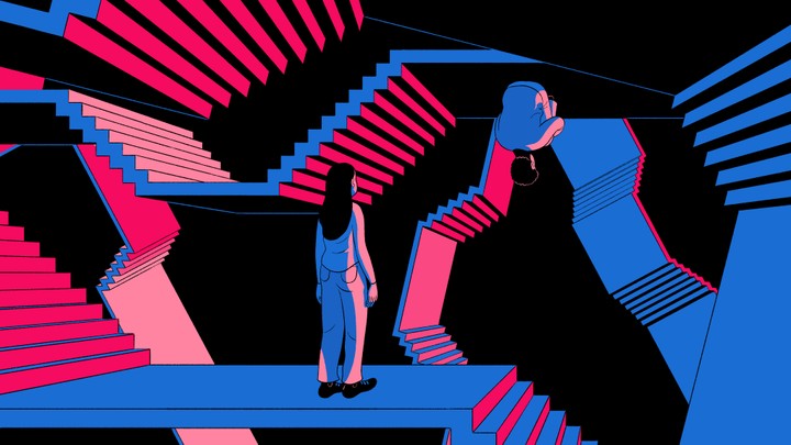 An illustration of a woman looking at a man sitting upside down in a maze of stairs.