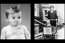 An old photo of a baby covered in lipstick kisses, and one of a baby in a stroller with a 'Please Don't Kiss Me' sign