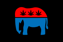 An illustration of a GOP elephant with cannabis leaves