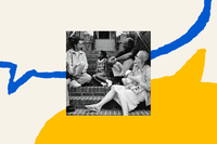 The outline of a blue speech bubble fills the top half of the screen. A yellow, filled-in speech bubble is on the bottom of the screen. In the middle is a black-and-white photo of four people sitting on a stoop. A Black woman smiles at a smiling girl child with her hair pulled back, a grandfatherly figure looks on smiling and sitting on a lower stair is a white woman holding a baby and smiling up at the group.