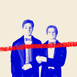 An illustration of two cake-topper grooms with a red line