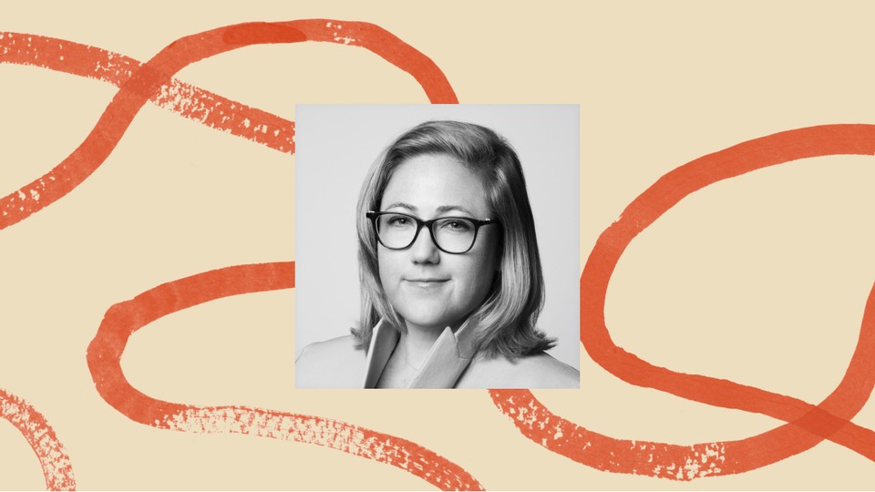 A black-and-white photo of Sarah Longwell, bordered by an illustration