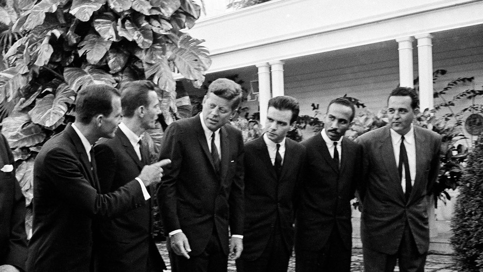 President John F. Kennedy chats with a group of leaders in the Bay of Pigs invasion on Dec. 27, 1962.